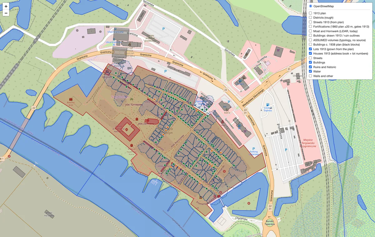 Map of Stary Kostrzyn: 1913 lots, houses and buildings traced over today’s OpenStreetMap, with the Oder and Warta rivers around the old town