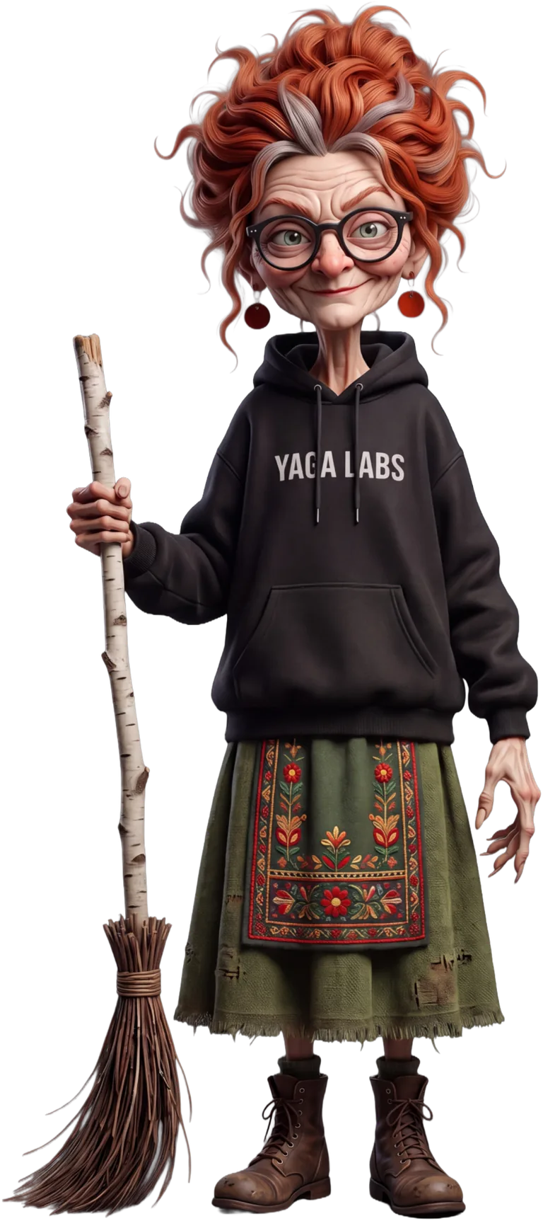 Pani Yaga: an old witch with red curly hair, round black glasses, a YAGA LABS hoodie, an embroidered folk skirt and a birch broom