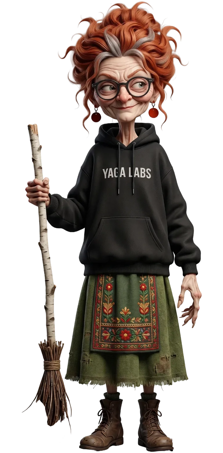 Pani Yaga: an old witch with red curly hair, round black glasses, a YAGA LABS hoodie, an embroidered folk skirt and a birch broom