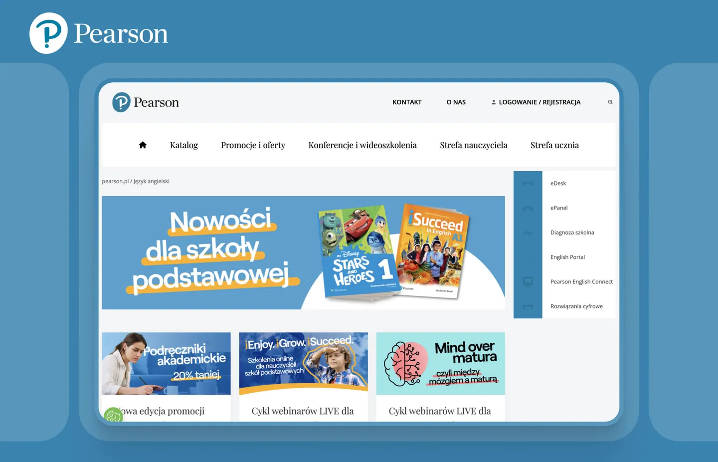 Pearson portal: home page with catalogue navigation, promo banners and quick links