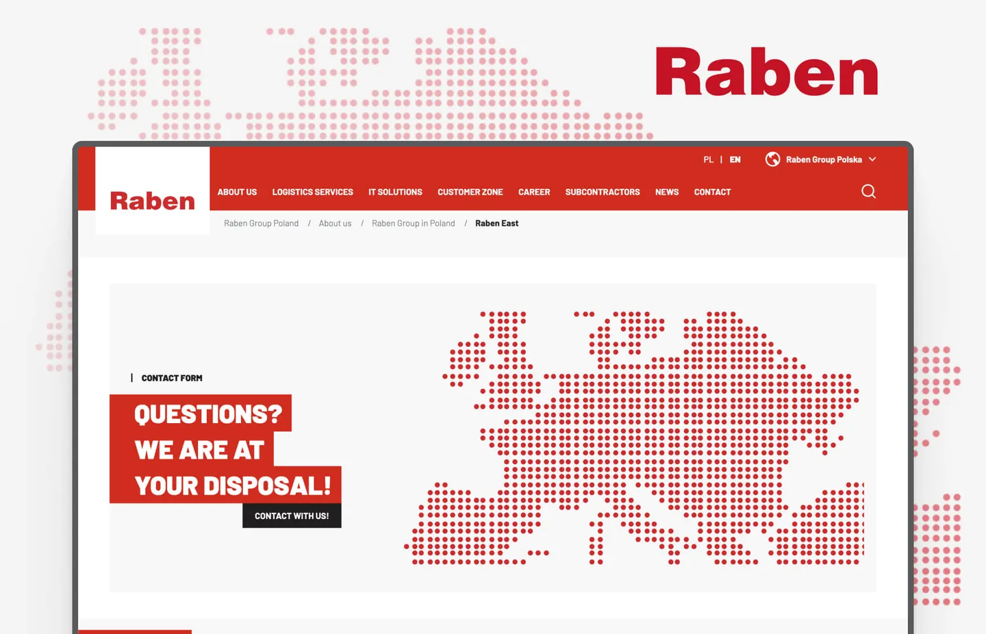 Raben Group site: navigation and contact form with a dotted map of Europe