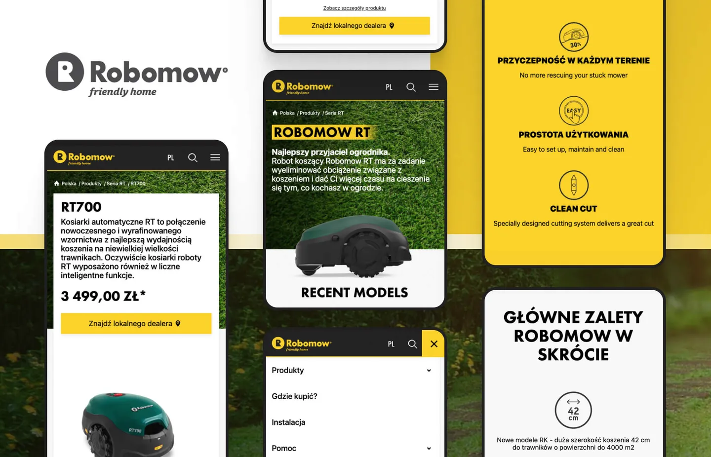 Robomow mobile screens: product page, series hero, menu and feature highlights